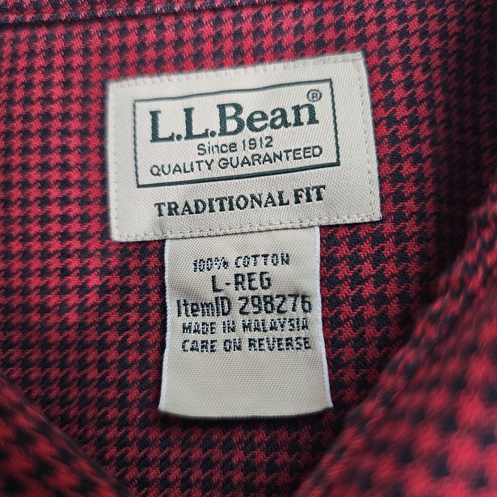 LL Bean L-REG Traditional Fit Red, Black Houndstooth Flannel Shirt 100% Cotton - Picture 4 of 7